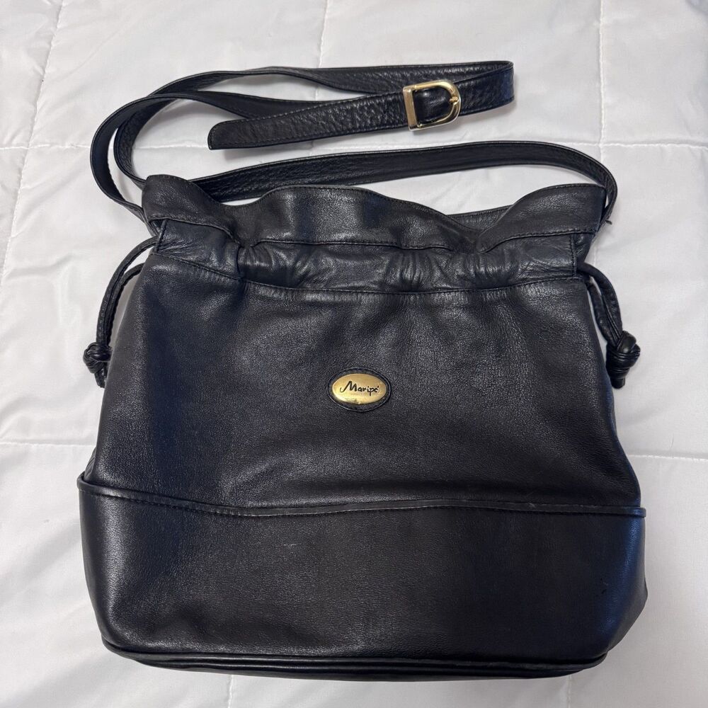 Vintage Maripé Black Leather Drawstring Bucket Crossbody